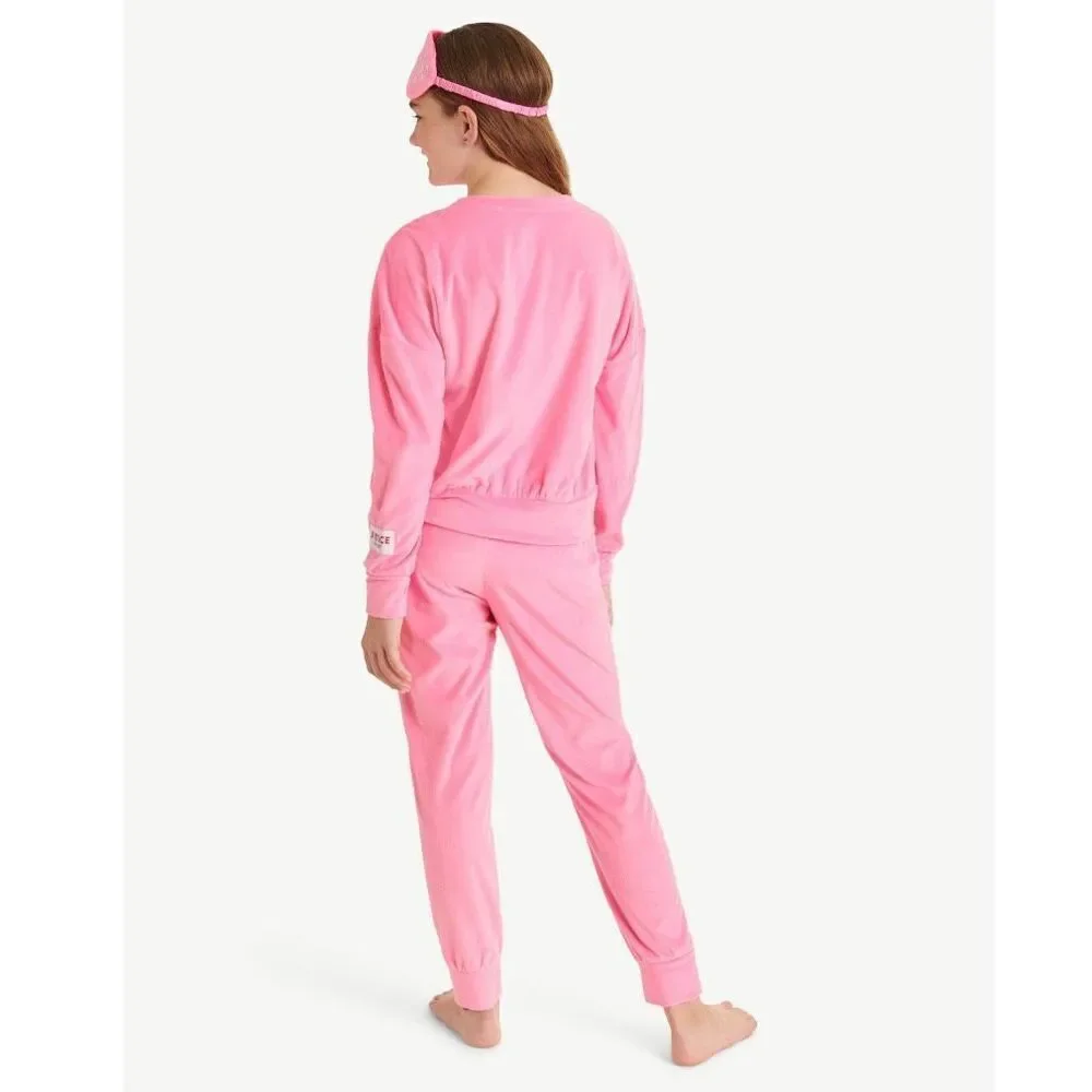 NWT Justice 3 Pcs Pink XL (16-18) Long Sleeve Top, Jogger & Eyemask, Pajama Set